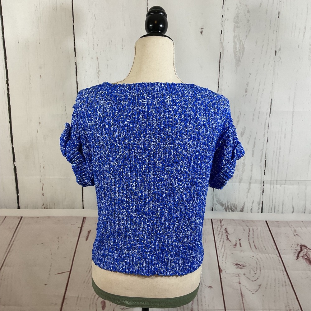 Milly New York Sweater Top S Blue Textured Popcorn Knit Button Tab Short Sleeve - Picture 9 of 15
